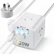 HEYMIX TECH Power Strips USB-C,20W USB Powerboard Surge Protector,20W Fast Charging Cube Board for iPhone 14/13,20W C Strip 3-Outlet with SAA 1.65M Extension Cord Office & Home,White