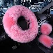MAEZOE 3PCS Set Fluffy Wool Steering Wheel Covers with Handbrake Cover & Gear Shift Cover for Women/Girls/Ladies, 38CM (Pink)