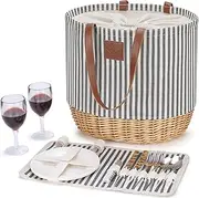 WILLOW WEAVE Portable Picnic Basket Bag for 2 with Two Sets of Plates, Silverware, and Plastic Wine Glasses, Roomy Insulated Beach Tote Bag for Thanks Giving Chritmas - Stripe