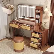 Vanity Table，Dressing Table with 3 Lighting Modes Mirror and Stool，5 Drawers and Storage Shelves，Chinese Vintage Style