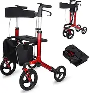 Wheel Rollator, Robust Aluminium Walker for Elderly People, Foldable, Adjustable-Height, Bastket and Seat, Detachable,Red Interesting