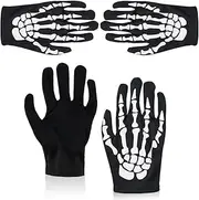[NAIHOD] 2 Pairs Halloween Skeleton Gloves Halloween Costume Halloween Accessories Skeleton Hands Spooky Skull Gloves Cosplay Ghost White Printed Skeleton Bones Black Gloves Prop Costume, Black