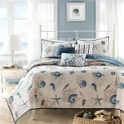 NEW! ~ BEACH HOUSE COASTAL OCEAN NAUTICAL SHORE NAVY GREY BLUE WHITE QUILT SET