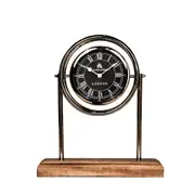 SSH COLLECTION Bond Street 33cm Tall Desk Clock with Round Black Face - Timber and Nickel