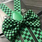 Green Black Checker Suspenders and Bow Tie Matching Set Wedding Prom Adult