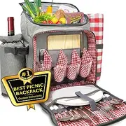 Nature Gear Large Picnic Backpack, Insulated Bag with Detachable Wine Cooler & Picnic Blanket, Includes Dinnerware Set for 4 & Picnic Accessories, Waterproof Outdoor Travel Backpack for Beach, Red