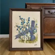 Vintage country roadside blue flowers chicory wood framed embroidered crewel