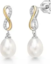 [Gem Stone King] 2 Tone 925 Sterling Silver and 10K Yellow Gold 7x9MM Cultured Freshwater Pearl and White Lab Grown Diamond Infinity Dangle Earrings For Women, Yellow Gold and Sterling Silver, Lab Grown