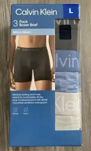 L Men’s Calvin Klein 3 Pack Navy Blue, Blue & Gray Boxer Brief Micro Mesh NEW