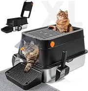 Stainless Steel Litter Box with Lid, Flip-Top Covered Cat Litter Box for Easy Cleaning, Extra Large Enclosed Metal Litter Box with Kitty Litter Scoop & Mat - Black