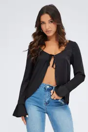 Black Tie Front Top Long Sleeve Scoop Neck Satin - Size 6, Women's Top