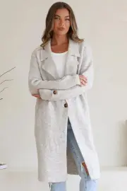 Griffin Cardigan - Collared Button Closure Coatigan with Pockets in Grey