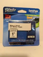 Brother TZe-251 1” (24mm) Black On White Tape For P-Touch Labelers New Damage Bx