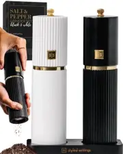 White and Black Salt and Pepper Grinder Set with Gold Accents – Set of Two Re...
