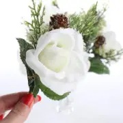 Group of 12 White Artificial Winter Frosed Rose 9" Stems with Pinecones
