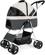 Pet Dog Stroller for Medium Dogs, Cat Dog Stroller Carriage Travel Carrier Trolley Pet Stroller Pushchair Detachable Dog Prams Pushchairs for Small Dogs, Easy Fold(Light Gray)