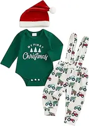 [YILEEGOO] Newborn Baby Boy Christmas Outfits 3PCS Clothes Set Infant Long Sleeve Romper Cute Pattern Suspender Pants Overalls Baby Xmas Outfits Set