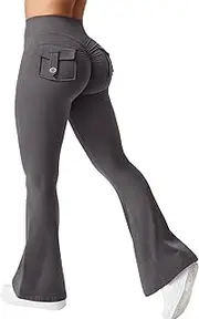 [YEOREO] CoreFlex Flare Leggings with Pockets for Women Scrunch Workout Leggings 30" Butt Lifting Gym Yoga Pants Dark Grey