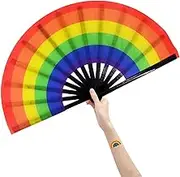 Amajiji Large Folding Hand Rave Fan for Women/Men, Chinease/Japanese Bamboo and Nylon-Cloth Folding Hand Fan, Hand Fan Festival Fan Gift Fan Craft Fan Folding Fan Dance Fan Rainbow