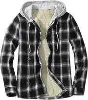 Men's Hooded Shirts Jacket Winter Sherpa Fleece Lined Long Sleeve Coat Plaid Flannel Button Down Jackets