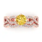 1.55 Round Cut Halo Yellow Stone Ring Band bridal Set Curved 14k solid Gold