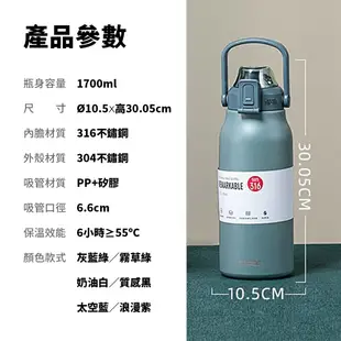 【頂級時尚316不銹鋼保溫瓶】1700ml大容量保溫瓶 運動保溫瓶 不銹鋼水壺 不鏽鋼保溫瓶 (4.6折)