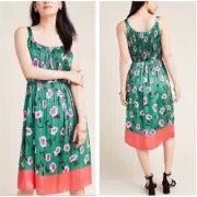 NWT Anthropologie Mireille Green Floral Pleated Midi Dress Size S Tie Waist Boho