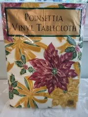 Vintage Christmas Poinsettia Square Red & Green Tablecloth -52" New