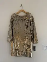 aidan mattox dress, gold Sequins, Size 12 black Satin ribbon, backless
