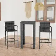 3 Piece Outdoor Bar Set Patio Furniture Table and Chairs Set Bistro Dining Chair Lounge Setting Dining Bar Table Stools Seating Set for Garden, Poly Rattan Grey