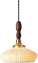 TONFON E27 Walnut Wood Chandelier Japanese Vintage Ceramic Pendant Light Brass Cafe Hanging Light for Kitchen Island Living Room Bedroom Bedside Dining Room Hallway Ceiling Light Fixture(22 * 24CM)
