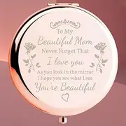 1Pack Mother's Day Present, Compact Makeup Mirror with Engraved Loving Message, Perfect Gifts for MOM Birthday, Rose Gold (MOM Style 2)