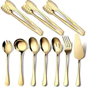 Gold Serving Utensils, OGORI 10-Piece Polished Stainless Steel Gold Serving Utensils Set Include Serving Spoons, Slotted Serving Spoon, Serving Tongs, Serving Fork, Salad Fork, Soup Ladle, Pie Server