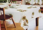 Spray Printed Vinyl Tablecloth w/vivid puff applique,60x84"Oblong,PALM TREES,LU