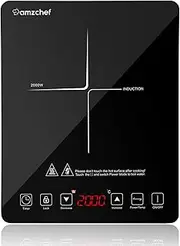 AMZCHEF Induction Hob 1 Fireplace 2000 W, 28 cm Induction Hob with Large Coil, Compact Design, 10 Power and Temperature Levels, Timer, Touch Control and Safety Lock, Black