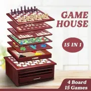 15-in-1 Chess Game Set Wooden Board Game Checker Backgammon Solitaire Toys