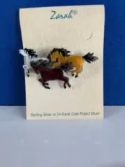 Sterling Silver Running Wild Horses enamel pin 24K gold New on original tag