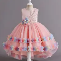 在飛比找蝦皮商城精選優惠-女童公主裙 無袖彩虹色拖尾裙襬禮服 粉色天藍色花朵裝飾洋裝 