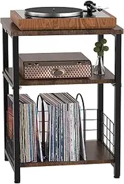 Tuohours Record Player Stand, 3 Tier End Side Table with Vinyl Record Storage Basket, Turntable Table up to 100 Albums Record Shelf Display Holder Cabinet for Living Room, Bedroom, Office