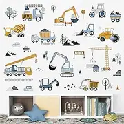 decalmile Wall Sticker for Children's Room, Vehicles, Construction Site Wall Sticker, Construction Vehicles, Tractor, Digger Car, Wall Sticker for Boys Playroom Wall
