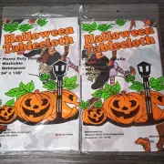 TWO Vintage Plastic Witch On A Broomstick Rectangular Table Cloths 54" x 108"