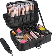 Samtour Makeup Bag Travel Makeup Train Case 13.8 inches Large Cosmetic Case Professional Portable Makeup Brush Holder Organizer and Storage with Adjustable Dividers (Black, Medium)