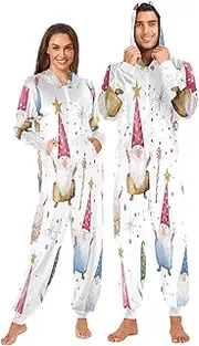 [ZZXXB] Gnome with Birthday Hat Onesie Pajamas for Adult Women Men Long Sleeves One Piece Onesies Hooded Sleepwear S - XL