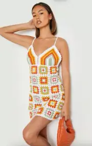 Boohoo PREMIUM MULTICOLOR PATCHWORK CROCHET DRESS -NEW - Size M/L