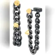 AllSaints Hematite Pyramid Stud Cuban Chain Link Drop Earring Gift Two-Tone