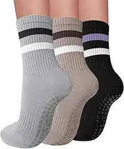 [Elapse Space] 3 Pairs Pilates Socks with Grips for Women, Grip Socks for Yoga Crew Socks for Barre Non Slip Socks