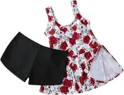 [BISHUIPO] Women Plus Size Swimsuits Two Piece Bathing Blouson Tops with Swim Shorts Athletic Swimwear Ladies