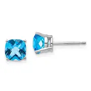 14k White Gold 6x6mm Cushion Blue Topaz Checker Earring