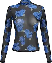 [ODIZLI] Women Mesh Top Floral Mesh Long Sleeve Tops Mock Neck See Through Tops Fitted Sexy Going Out Tops