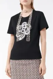 NWT CHANEL 23K Black Logo Graphic/Beaded T-Shirt Size F 34/US 2